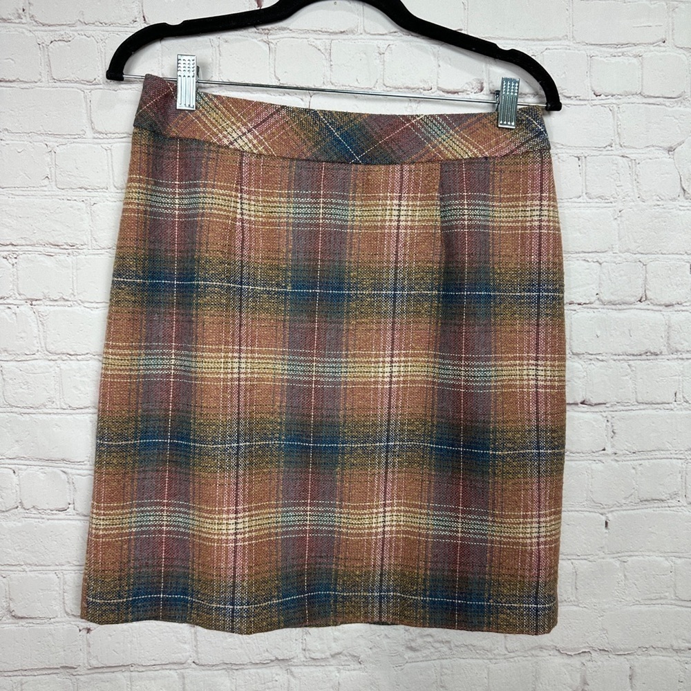 Chadwicks Plaid Wool Blend Pencil Skirt - Rust, Blue, Cream